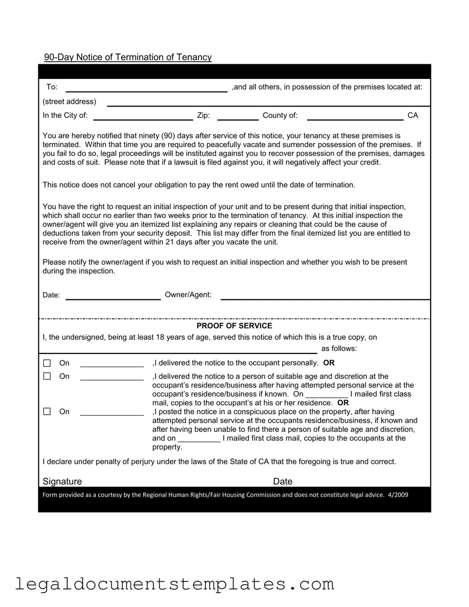 Free 90 Day Notice To Move Out PDF Form