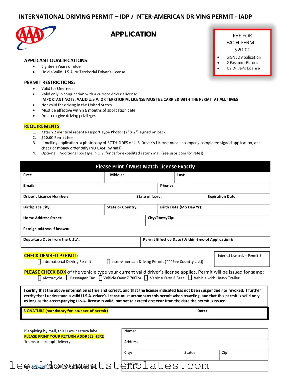 Free Aaa International Driving Permit Application PDF Form