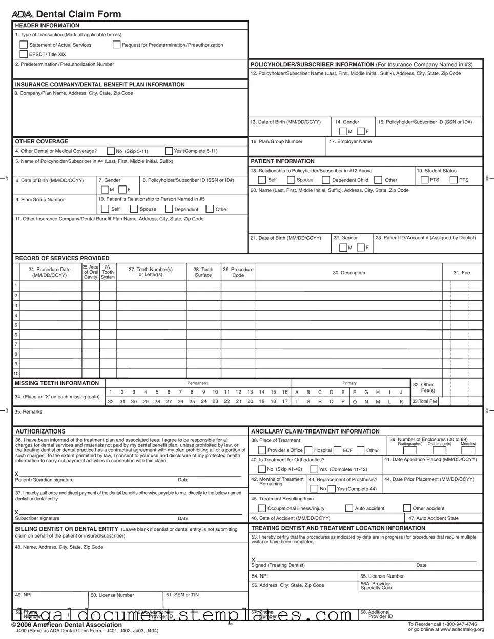 Free Ada Dental Claim PDF Form