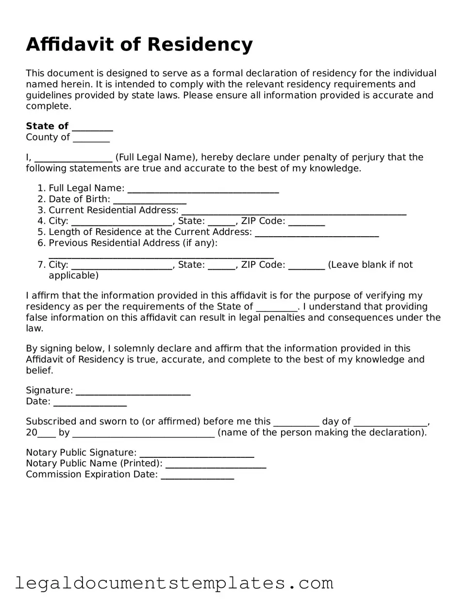 Legal Affidavit of Residency Document