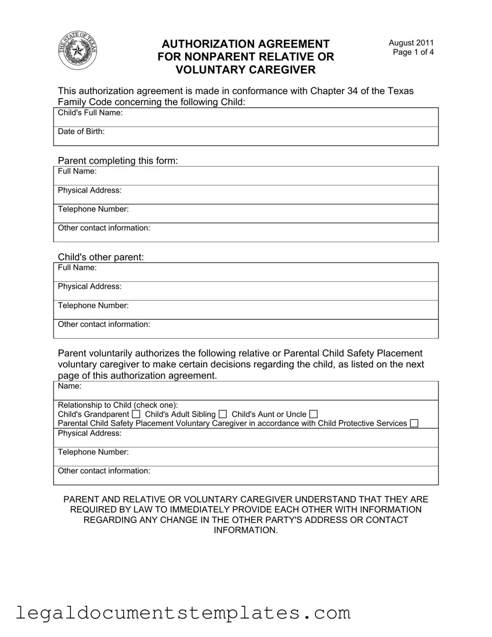 Free Agreement Nonparent Relative Caregiver PDF Form