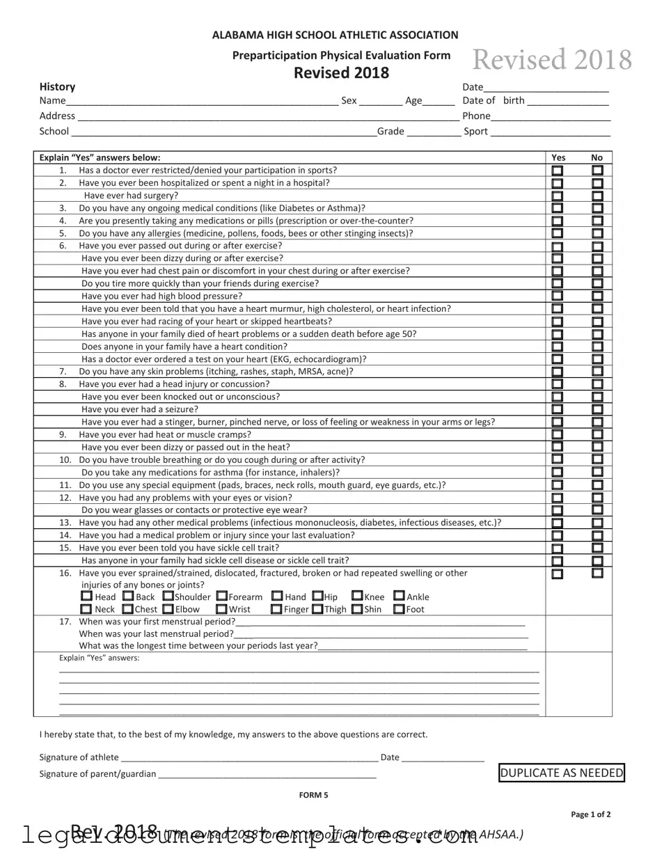 Free Alabama High School Physical PDF Form