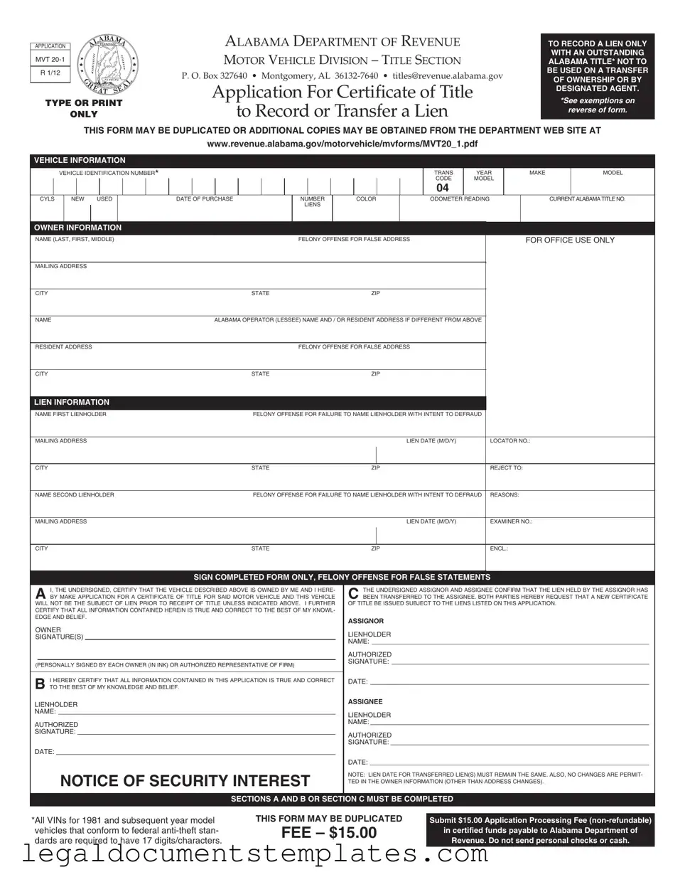 Free Alabama Mvt 20 1 PDF Form
