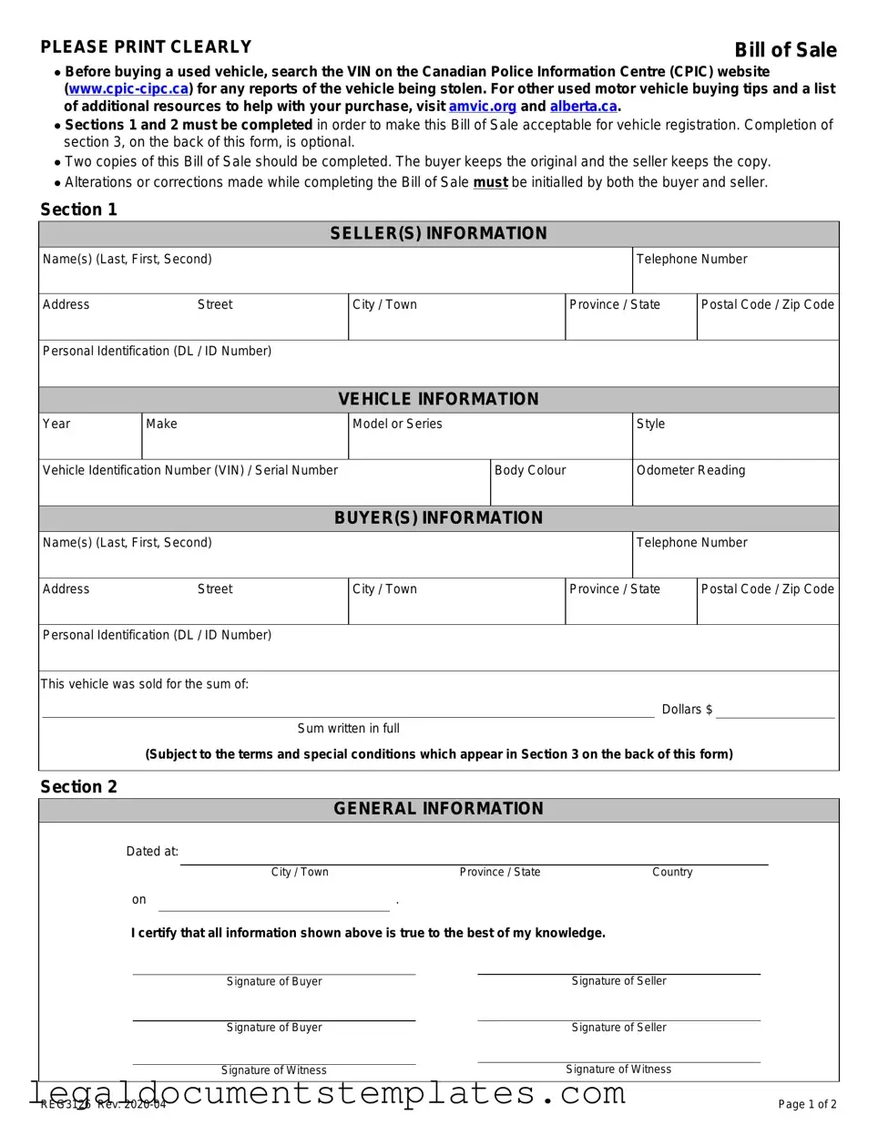 Free Alberta Bill Sale PDF Form