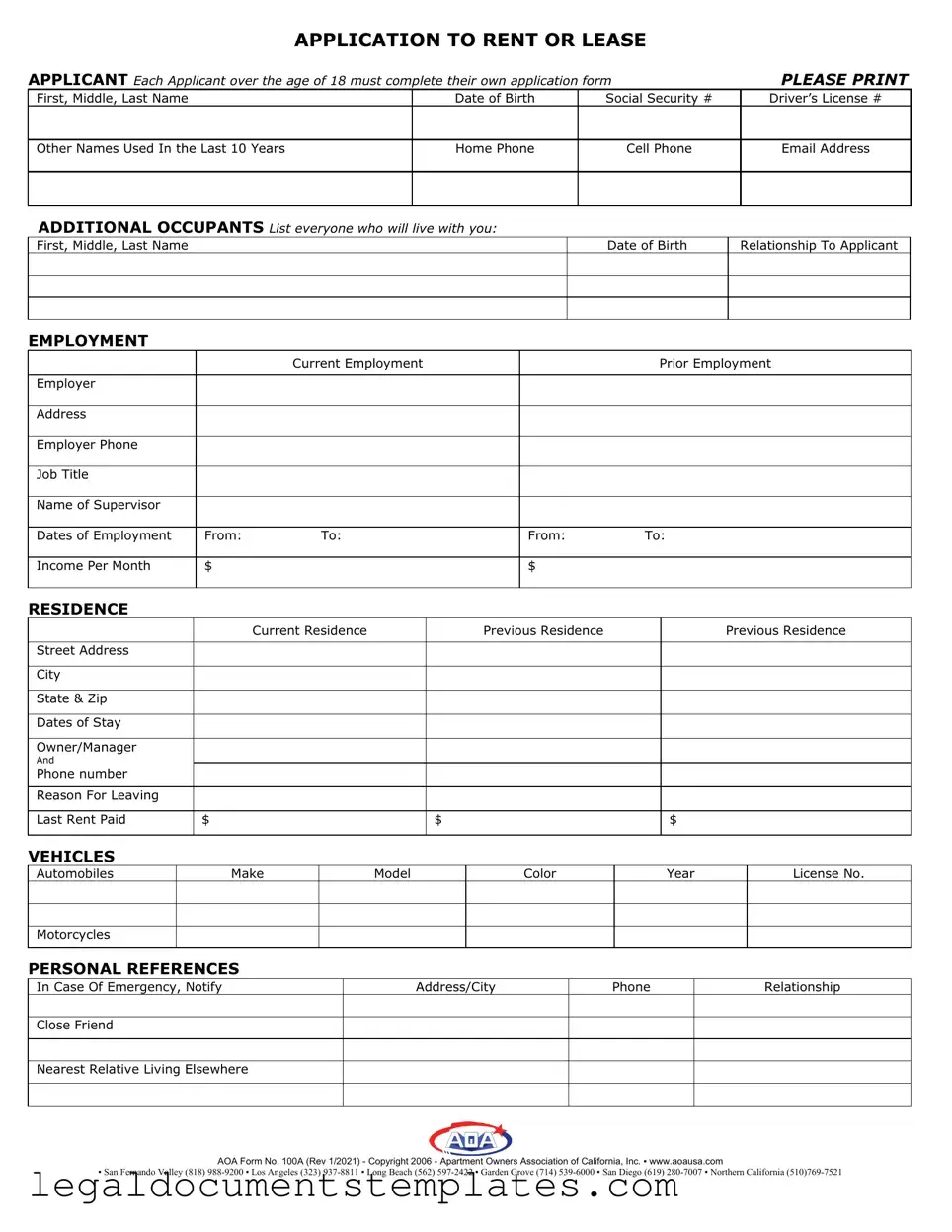 Free Aoa 100A PDF Form