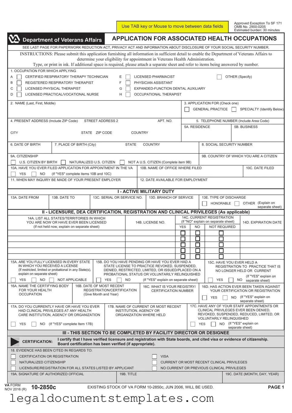 Free VA 10-2850c PDF Form