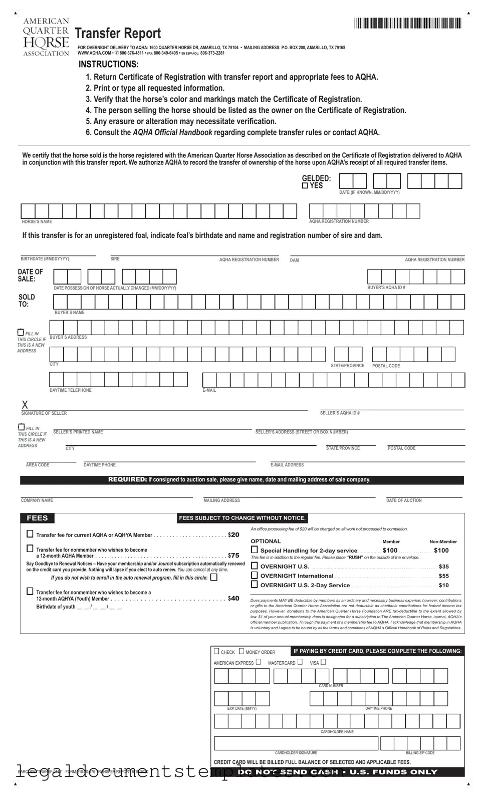 Free AQHA transfer form PDF Form