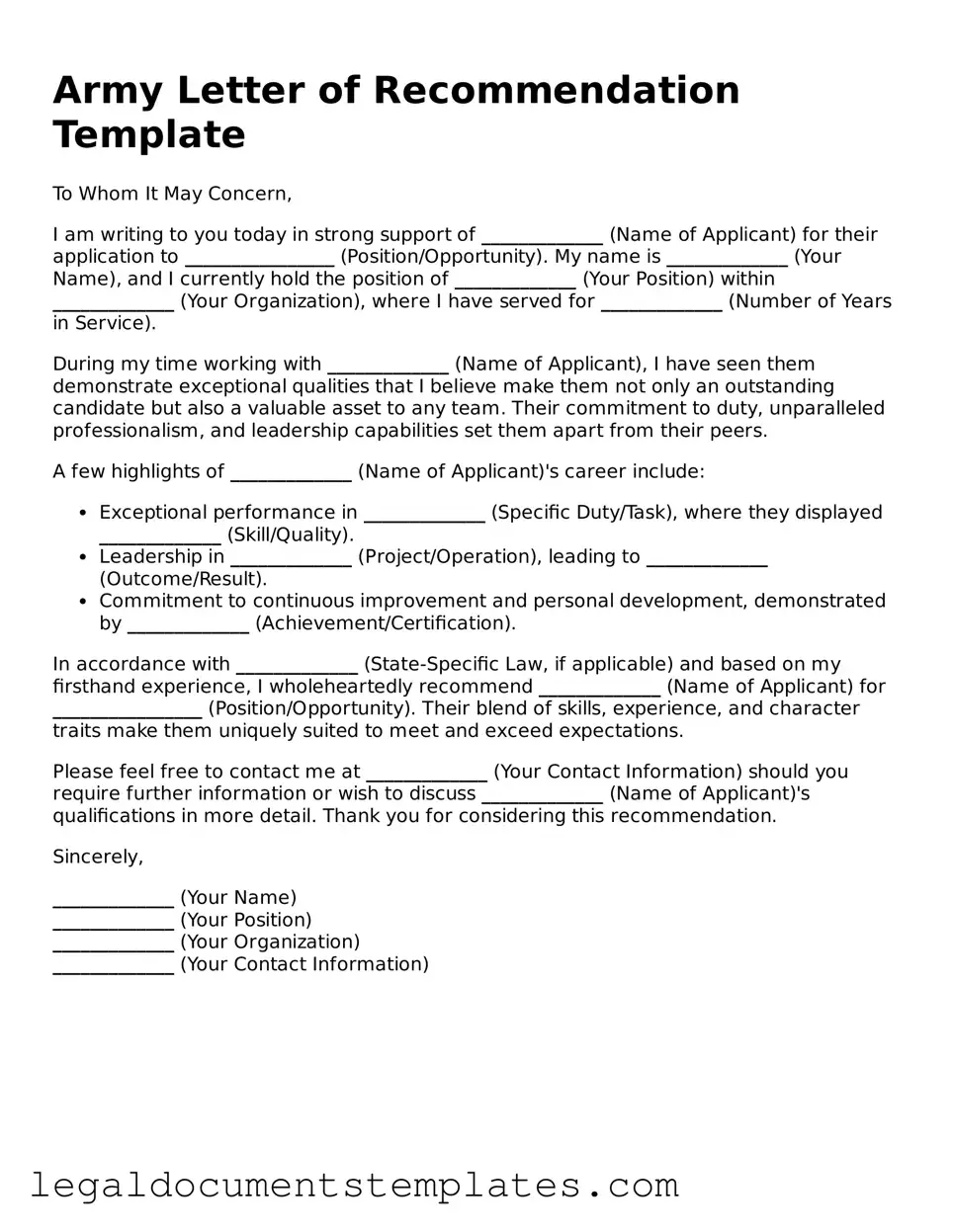 Legal Army Letter of Recommendation Document