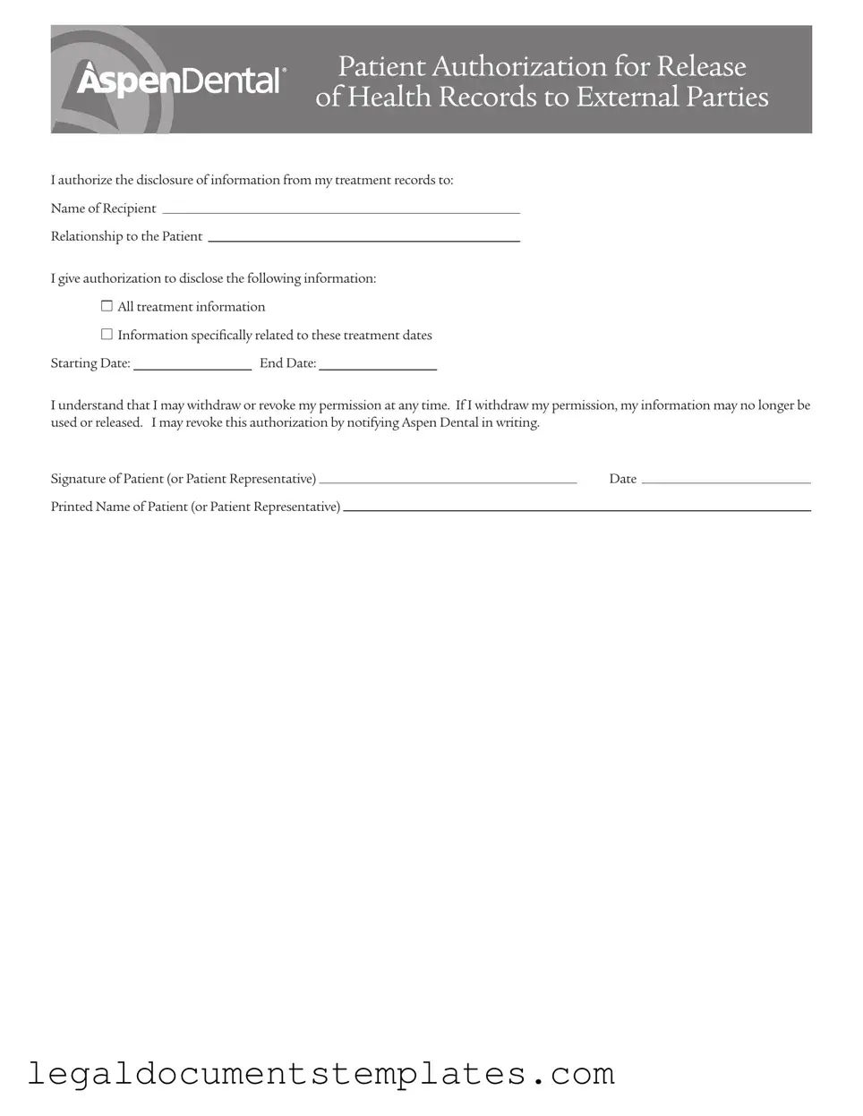 Free Aspen Dental Health Information Release PDF Form