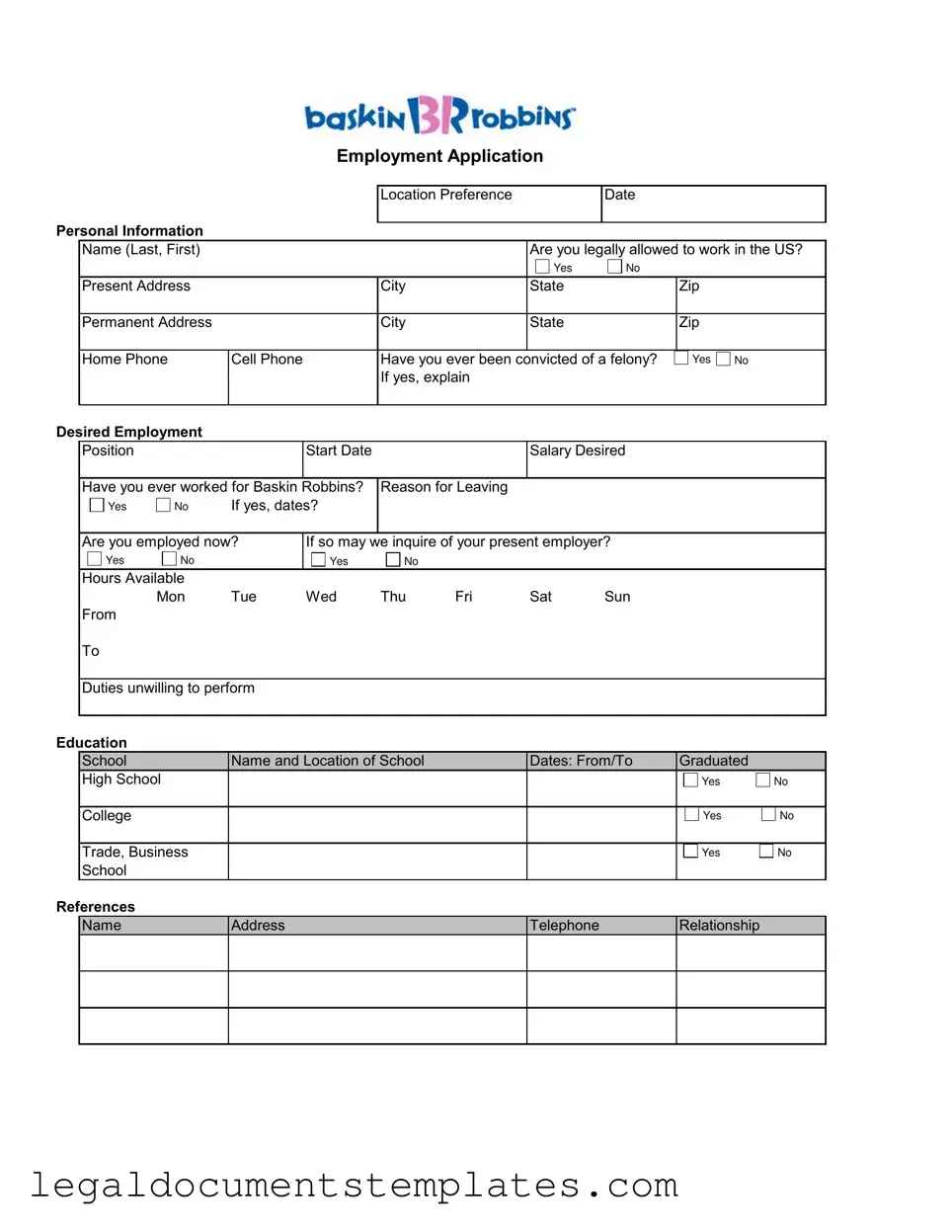 Free Baskin Robbins Job PDF Form