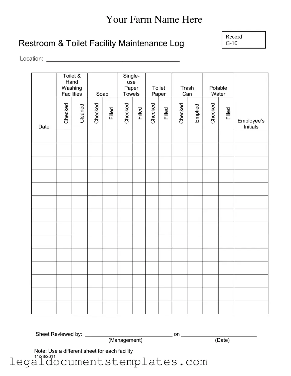 Free Bathroom Cleaning Log Sheet PDF Form