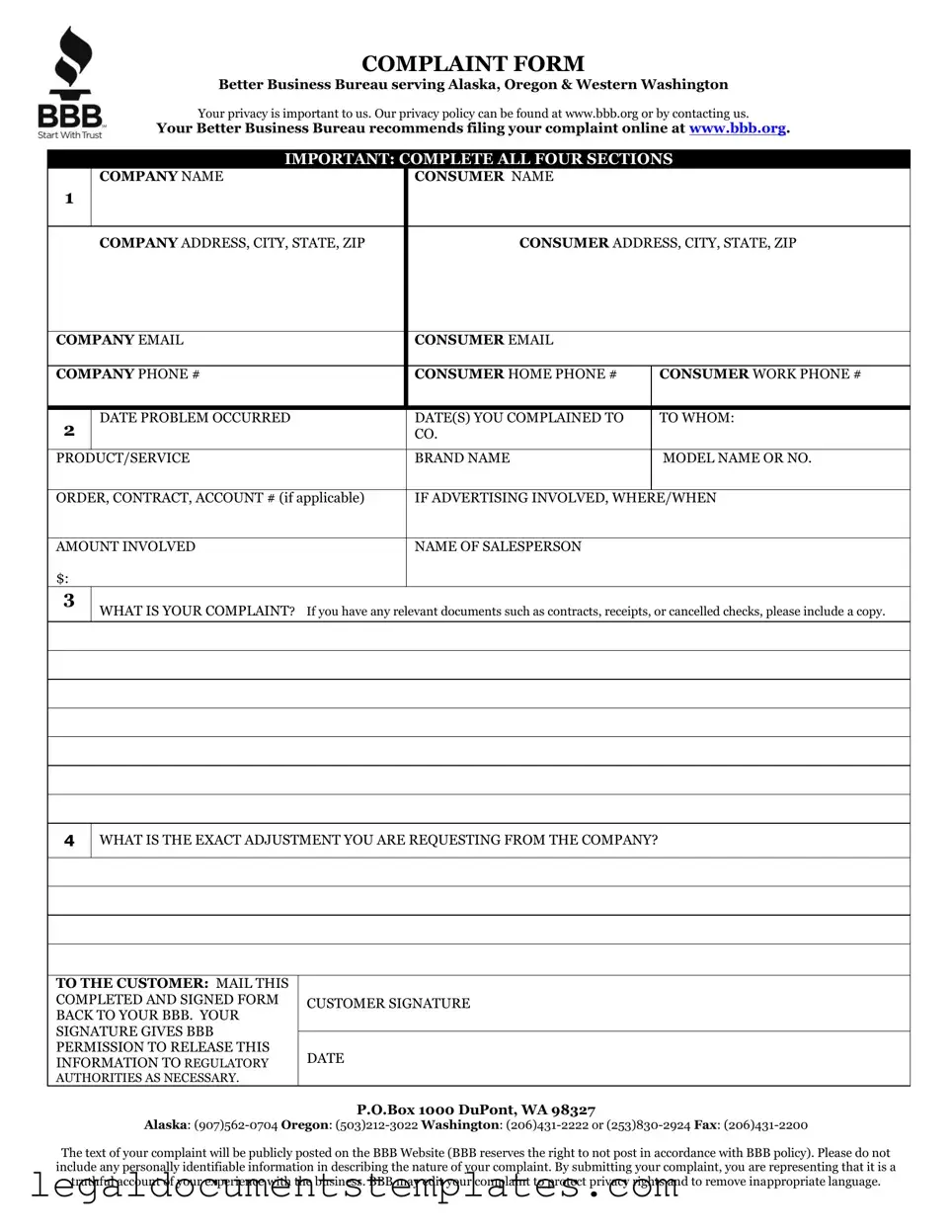 Free Bbb Complaint PDF Form