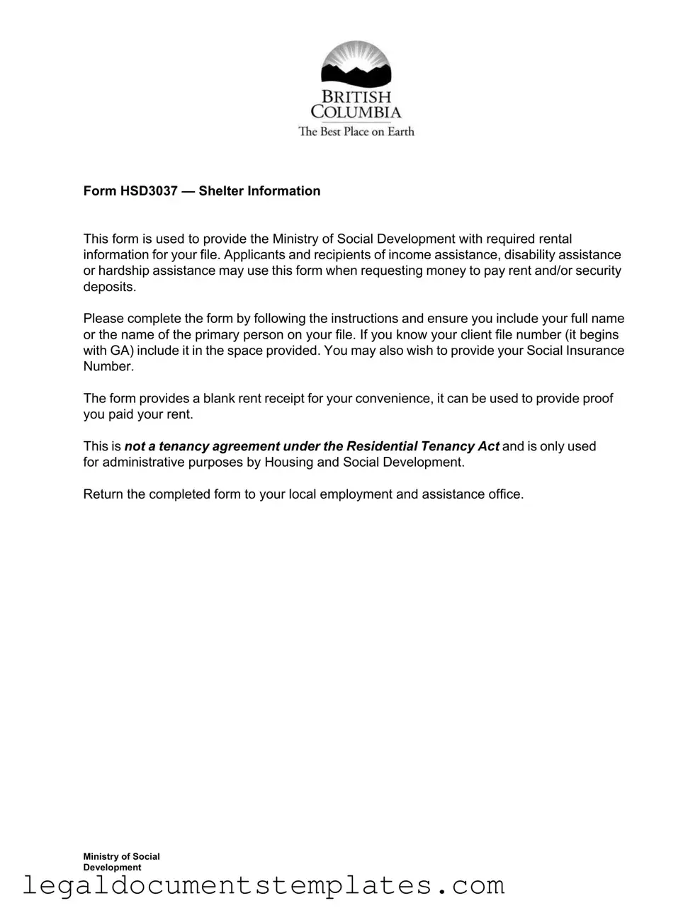 Free Bc Shelter Information PDF Form