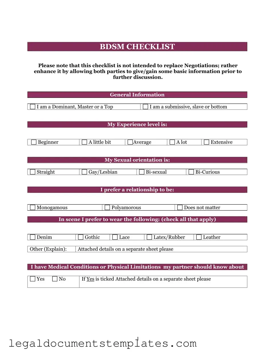 Free Bdsm Checklist PDF Form