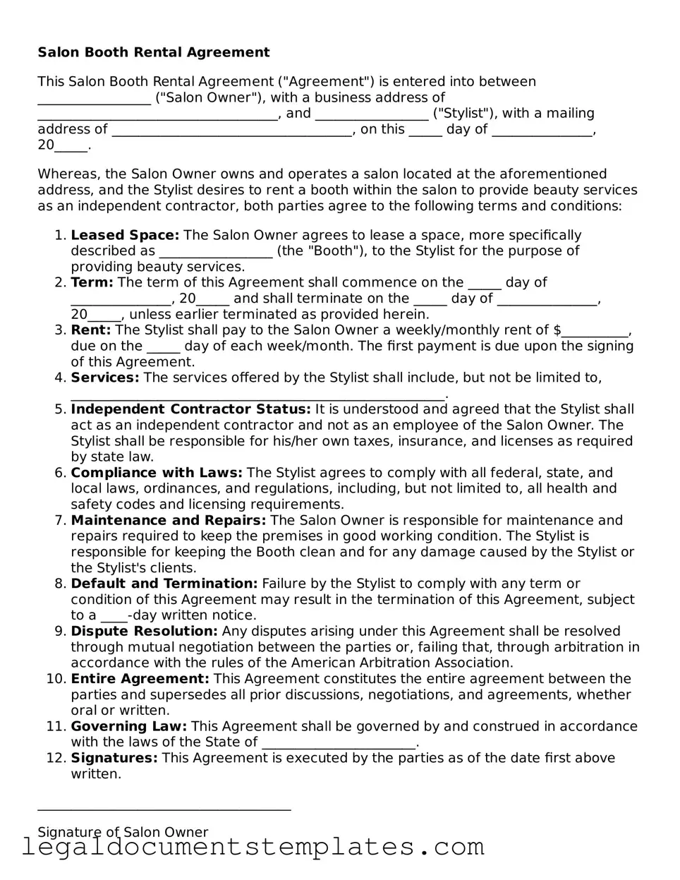 Legal Salon Booth Rental Agreement Document