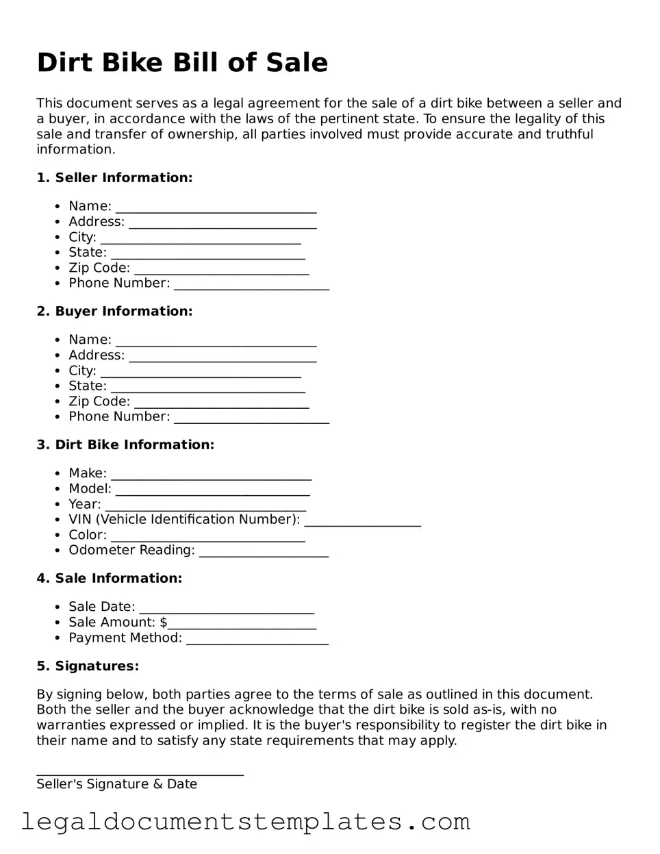 Legal Dirt Bike Bill of Sale Document