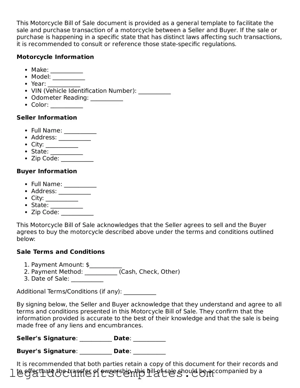 Legal Motorcycle Bill of Sale Document