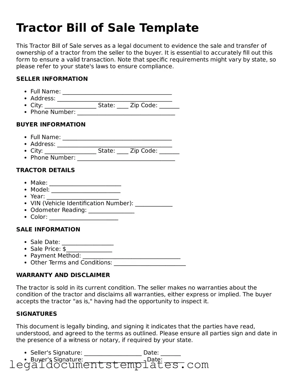 Legal Tractor Bill of Sale Document