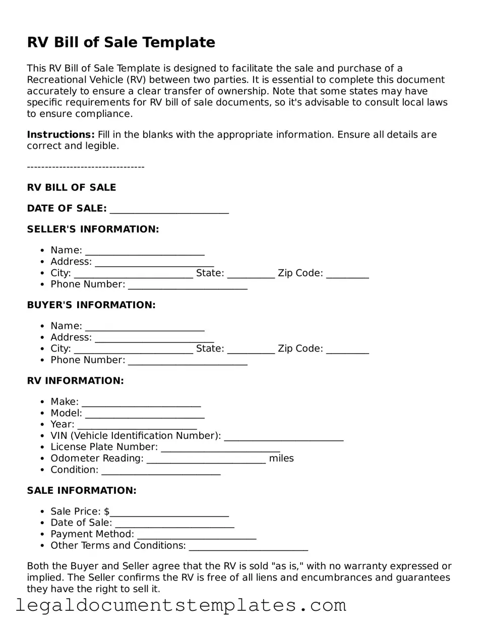 Legal RV Bill of Sale Document