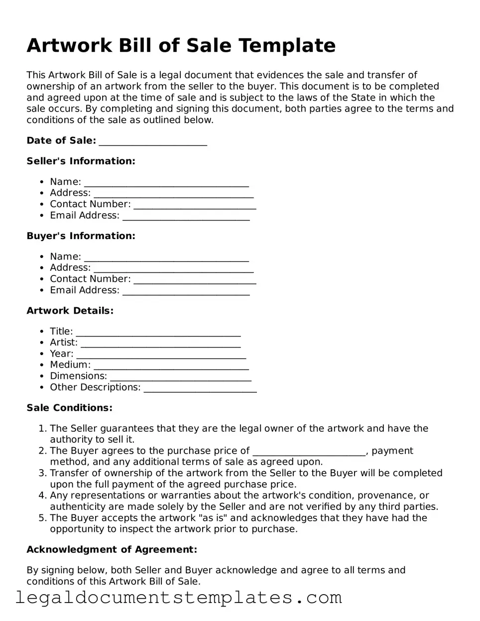 Legal Artwork Bill of Sale Document
