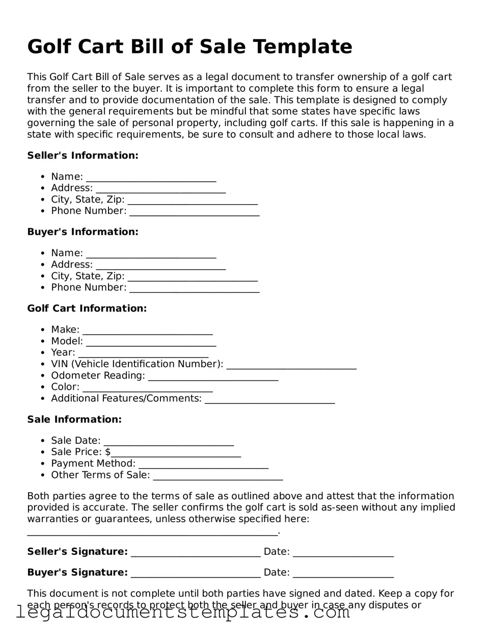 Legal Golf Cart Bill of Sale Document
