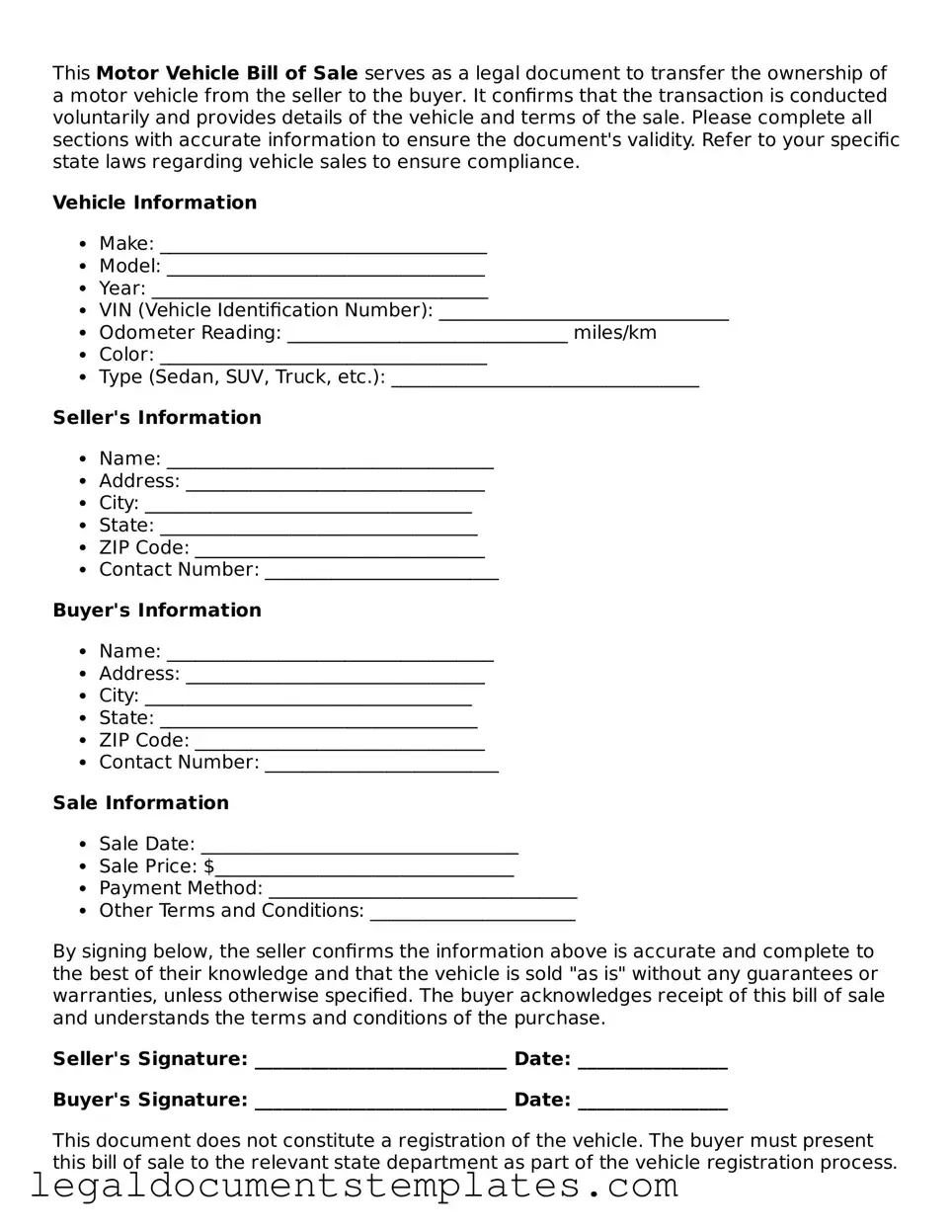 Legal Motor Vehicle Bill of Sale Document