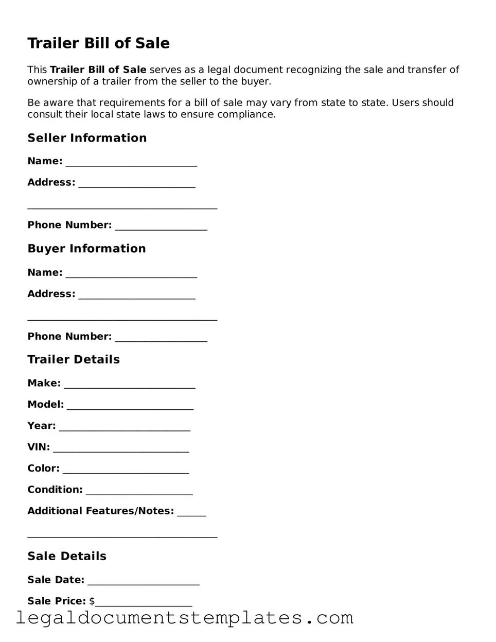 Legal Trailer Bill of Sale Document