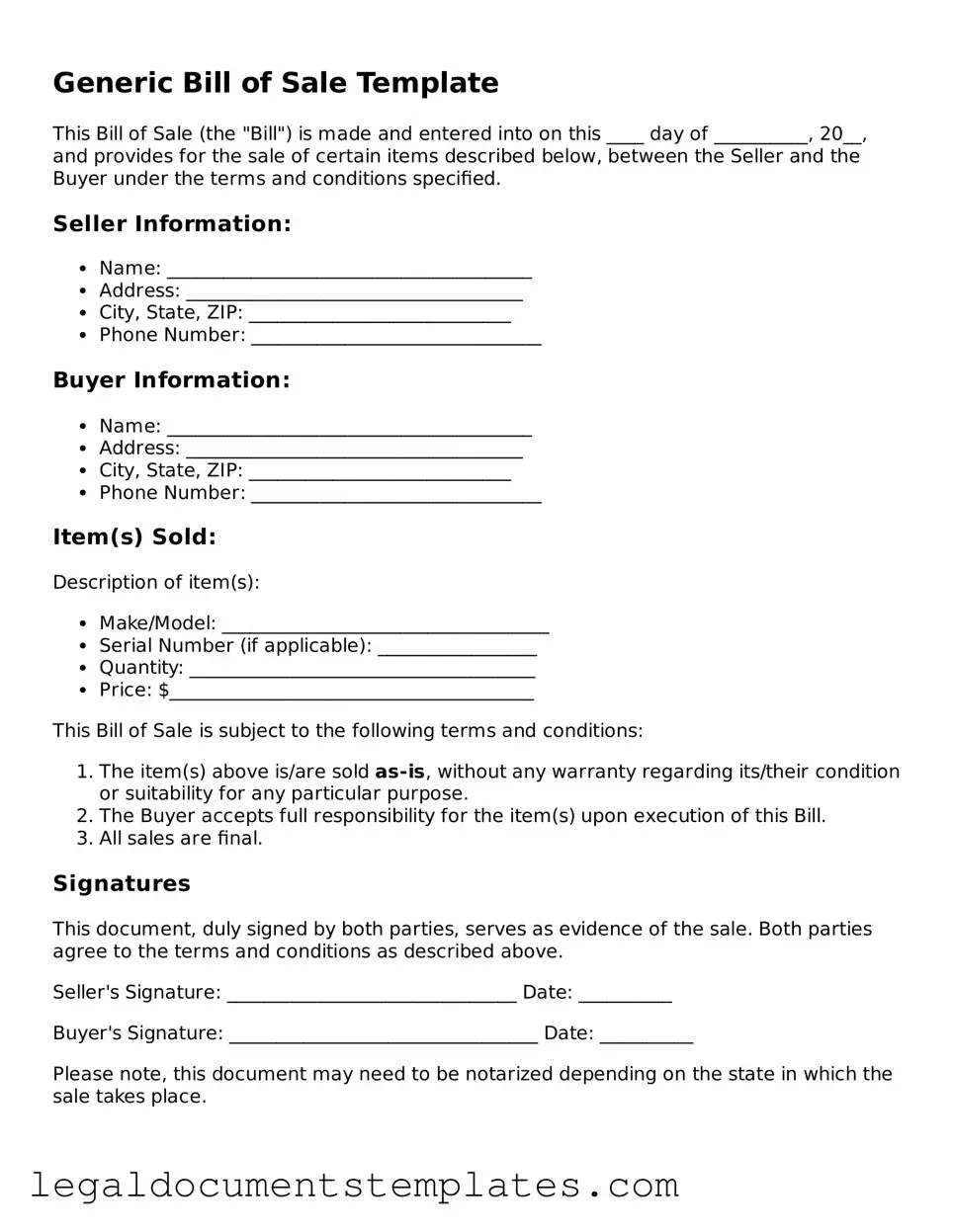 Legal Bill of Sale Document