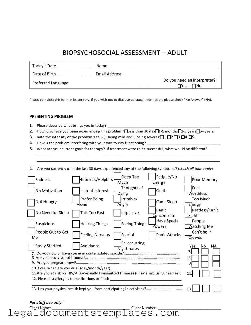 Free Biopsychosocial Assessment Social Work PDF Form