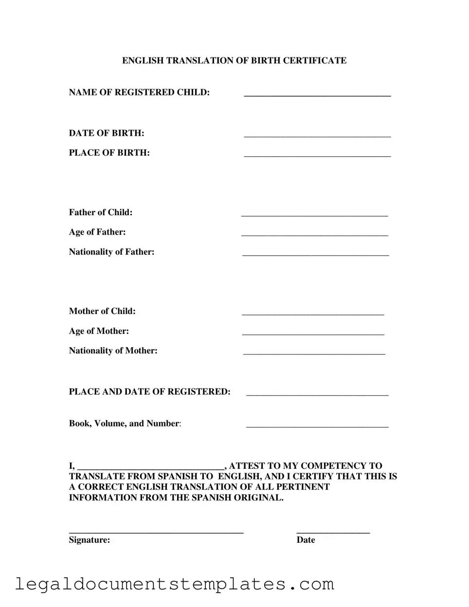 Free Birth Certificate Translation To English PDF Form