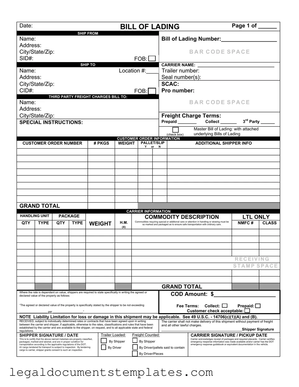 Free Bill of Lading with a Supplement PDF Form