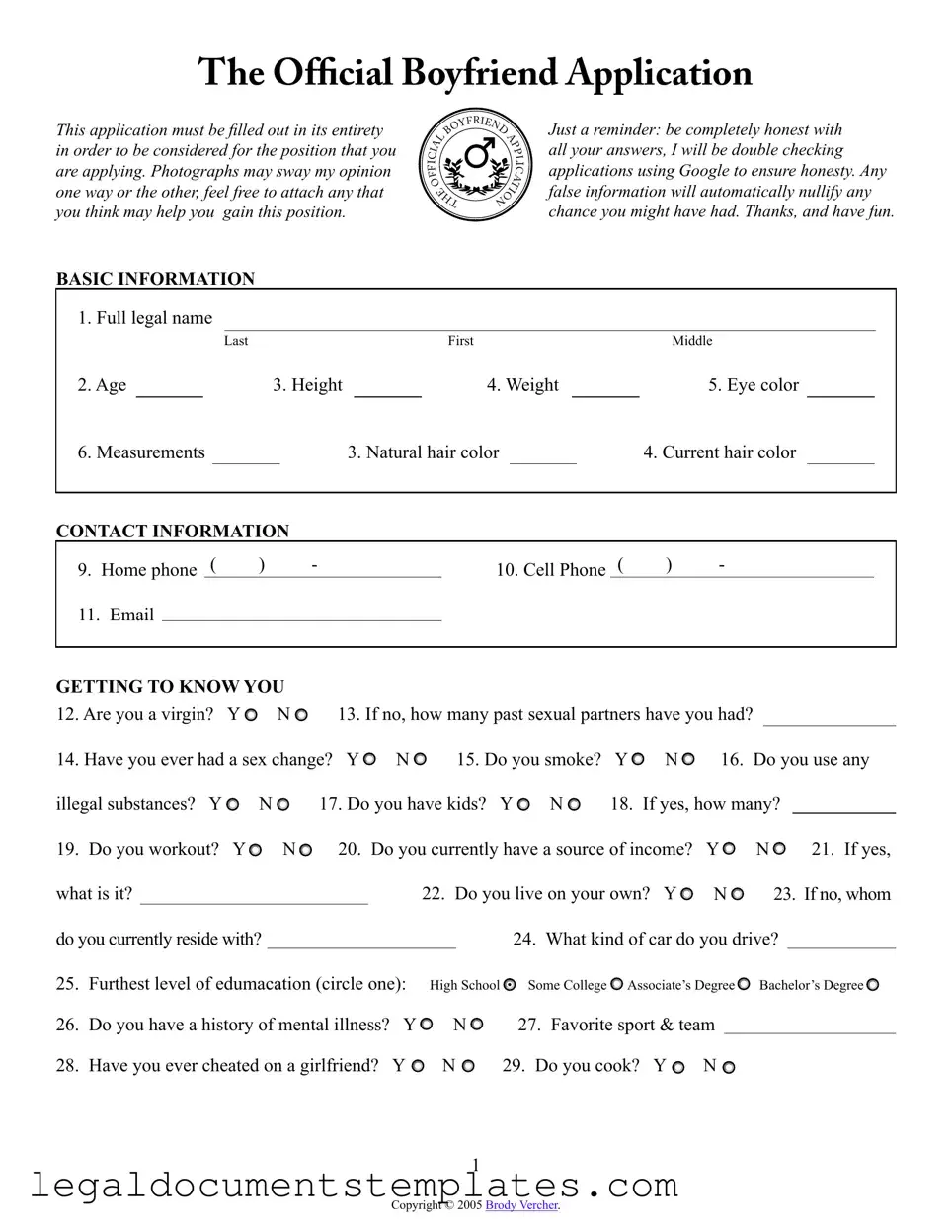 Free Boyfriend application form PDF Form