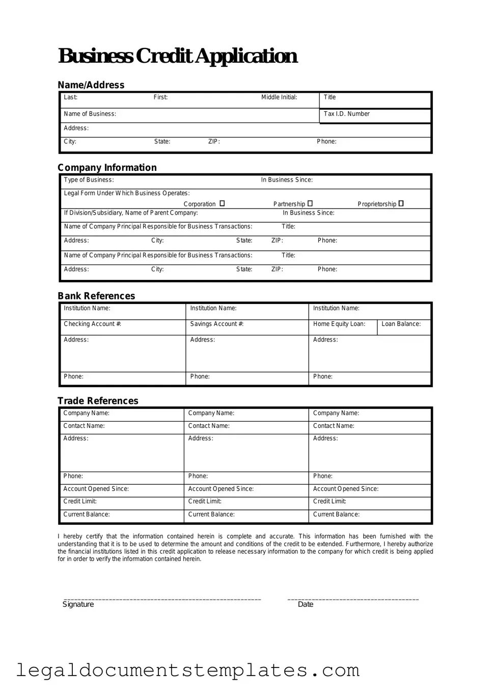 Free Business Credit Application PDF Form
