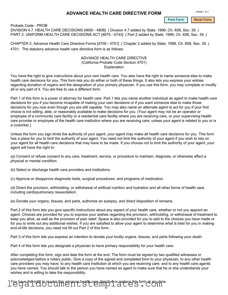 Free California Advanced Health Care Directive PDF Form