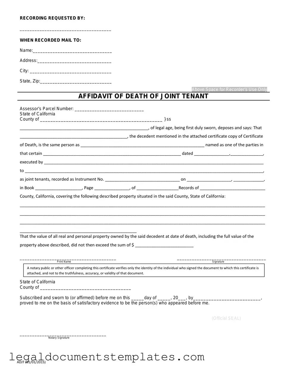 Free California Death of a Joint Tenant Affidavit PDF Form