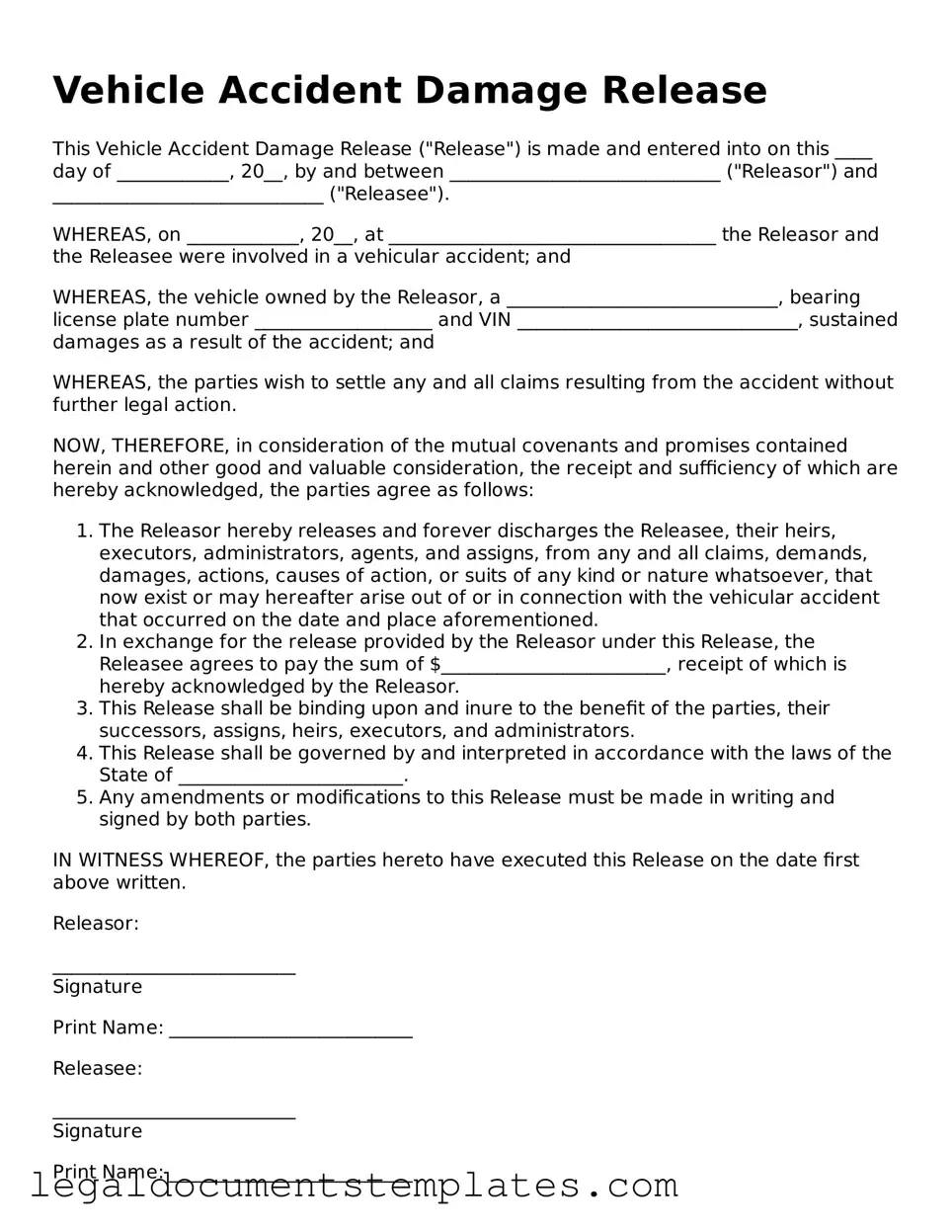 Legal Vehicle Accident Damage Release Document