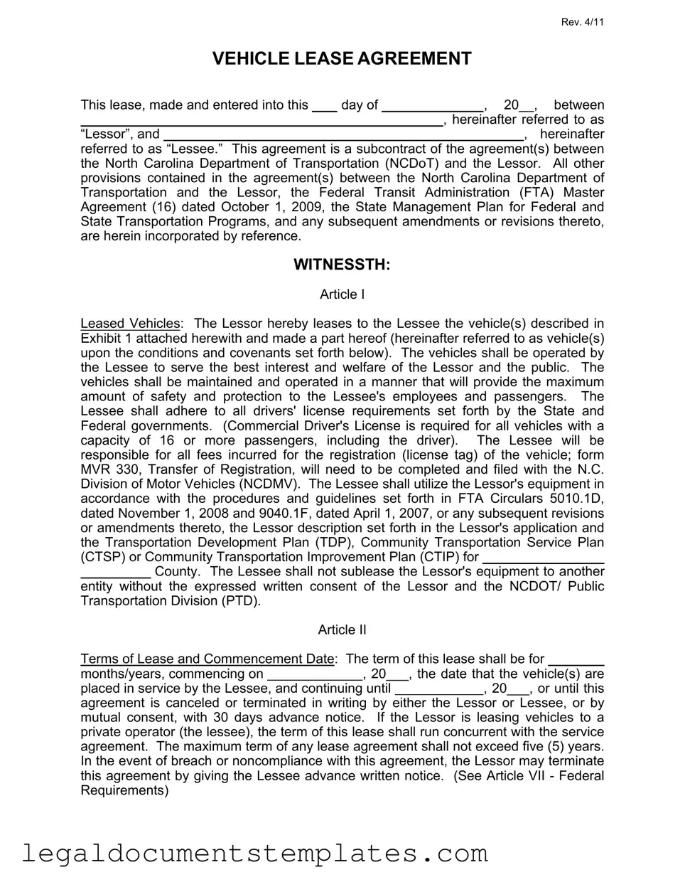 Free Commercial Vehicle Lease Agreement PDF Form
