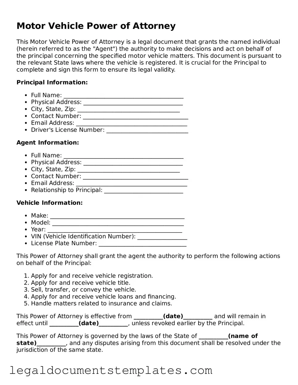 Legal Motor Vehicle Power of Attorney Document