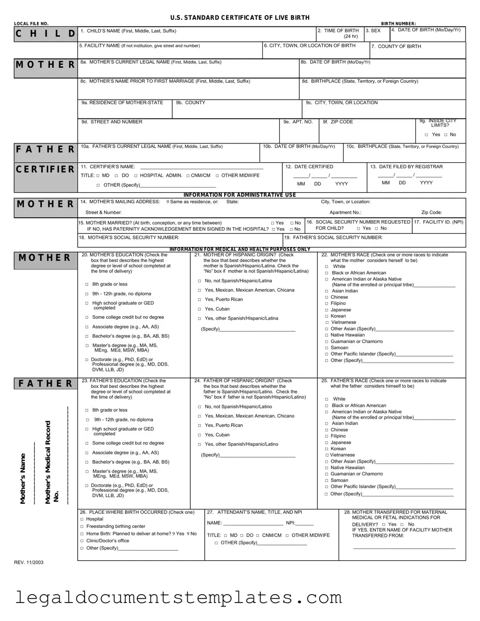 Free CDC U.S. Standard Certificate of Live Birth PDF Form