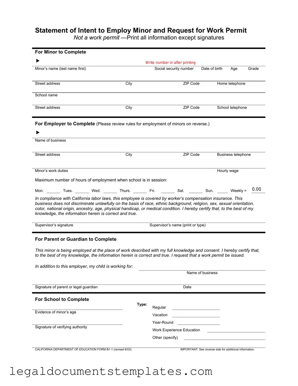 Free Statement of Intent to Employ Minor and Request for Work Permit PDF Form