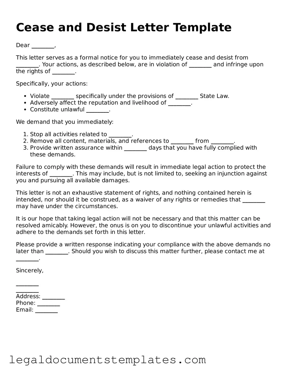 Legal Cease and Desist Letter Document
