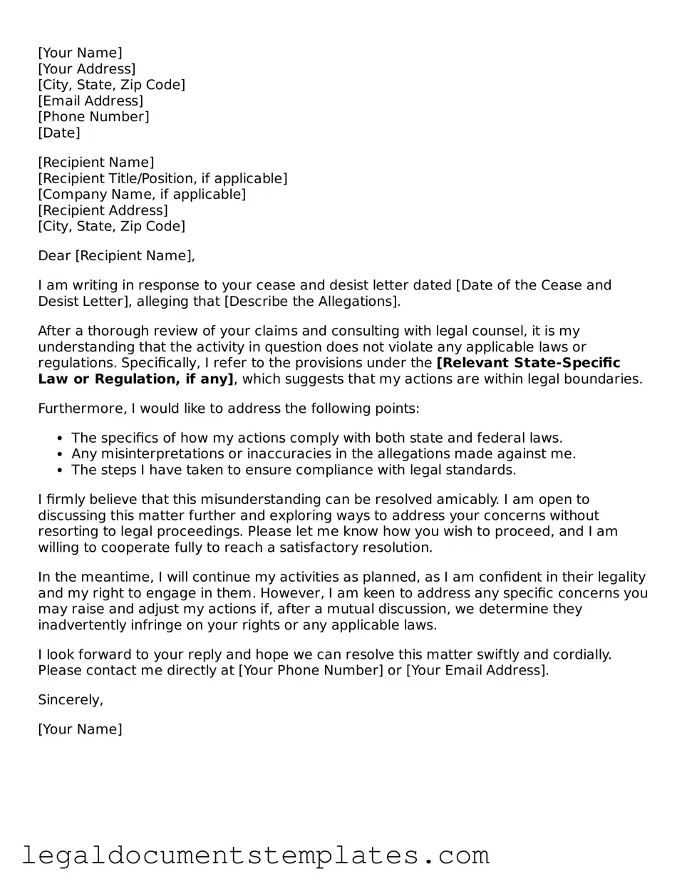 Legal Response to a Cease and Desist Letter Document