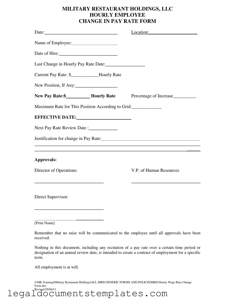 Free Change Pay Rate PDF Form