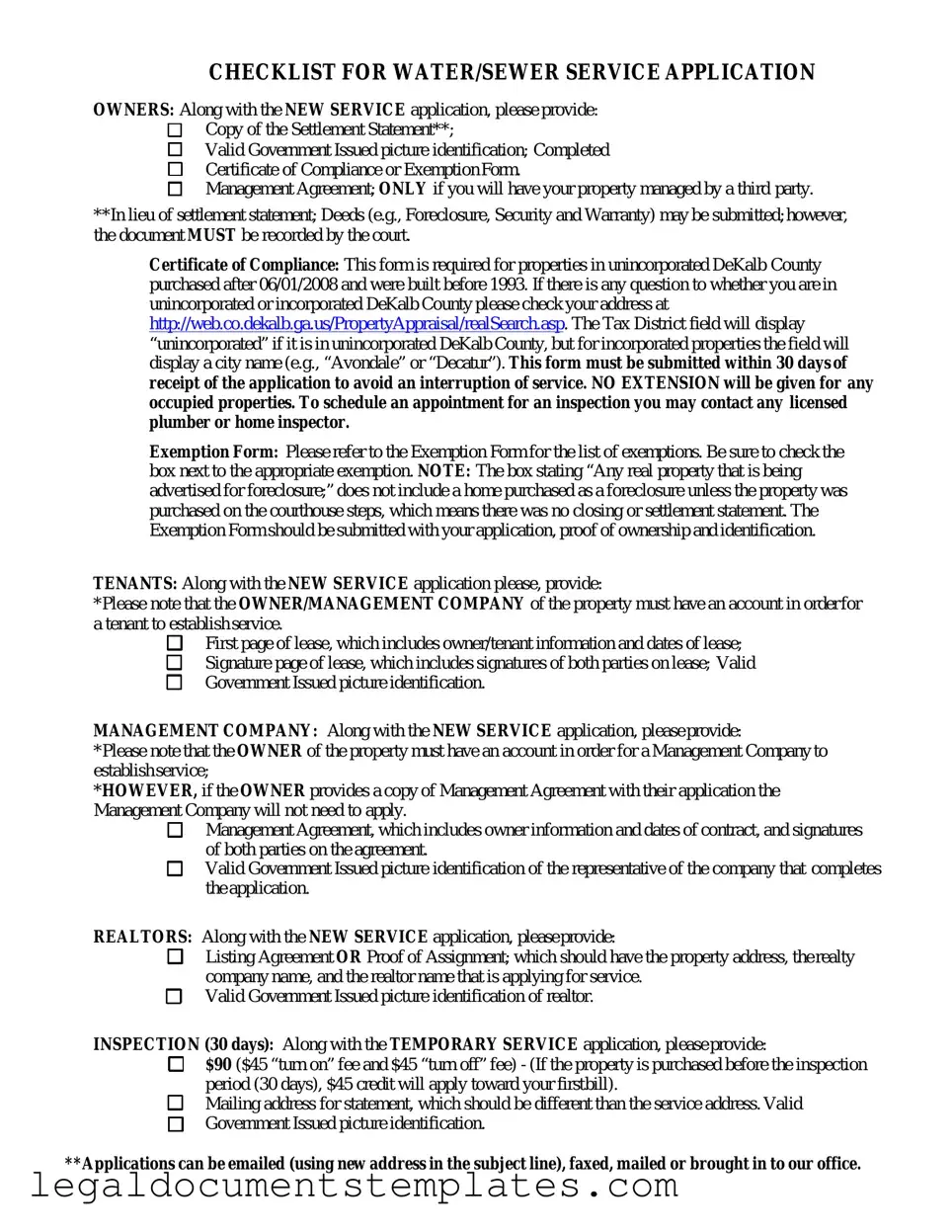 Free Dekalb County Water Application PDF Form