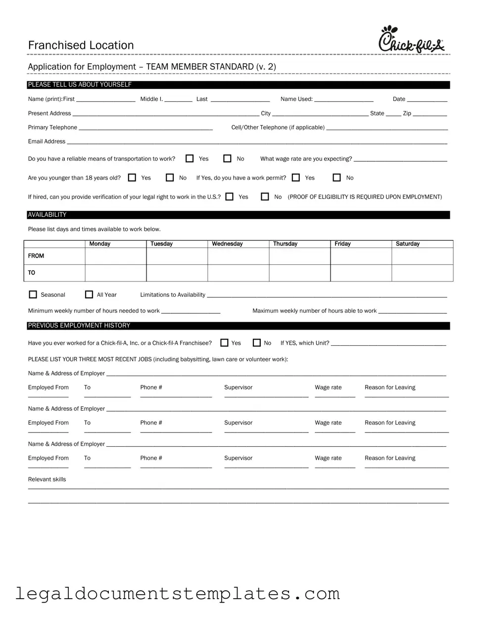 Free Chick Fil A Job Application PDF Form