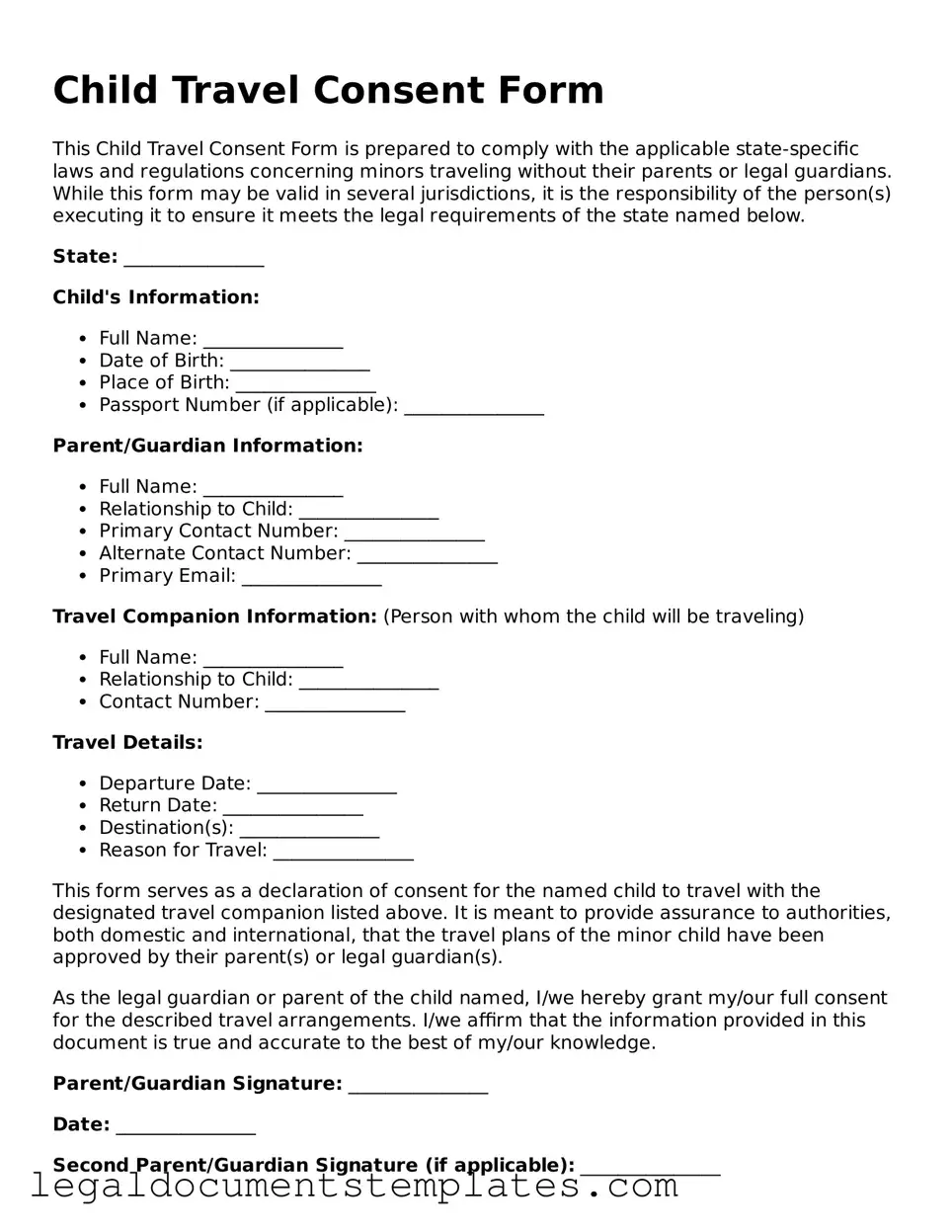 Legal Child Travel Consent Form Document
