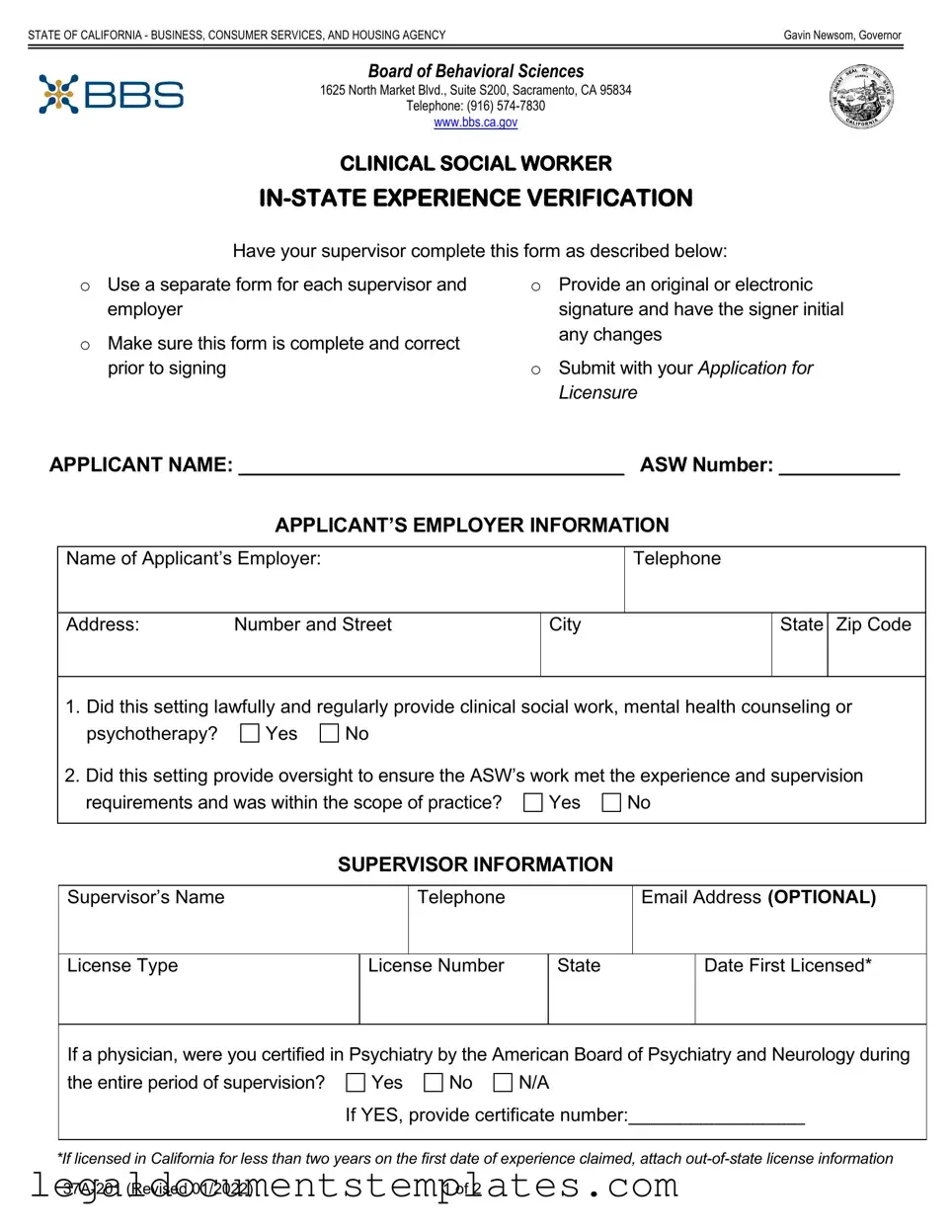 Free Clinical Social Experience Verification PDF Form