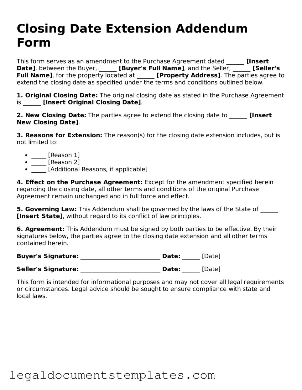 Legal Closing Date Extension Addendum Form Document