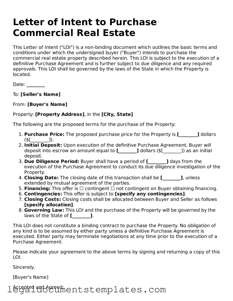 Legal Letter of Intent to Purchase Commercial Real Estate Document