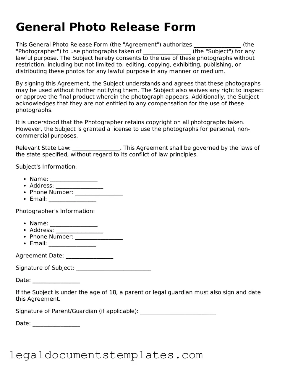 Legal General Photo Release Document